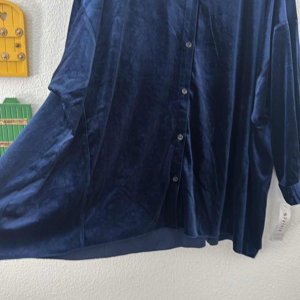 3 Potato Velvet Button Up Tunic Top Blouse Sapphire Blue NWT Large/Extra Large - Picture 5 of 11